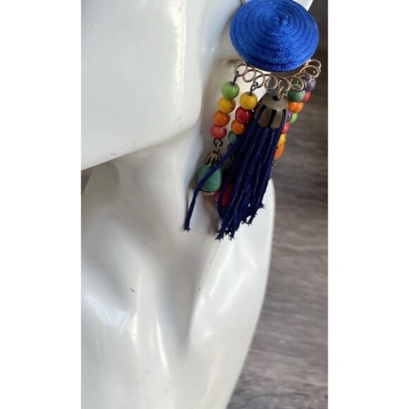 Vintage Earrings Large Long Blue Multi Color Boho Circle Clip On Fringe 80s 90 - Picture 5 of 10